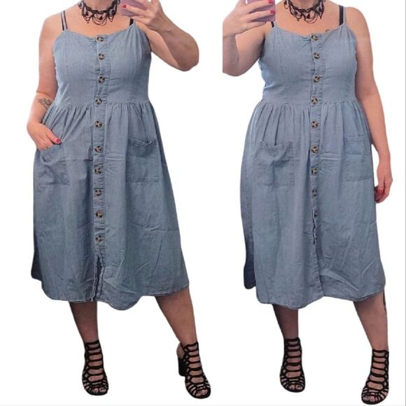 VTG 90s Blue Denim Button Front XL Midi Sundress Jumper with Pockets - Picture 2 of 14